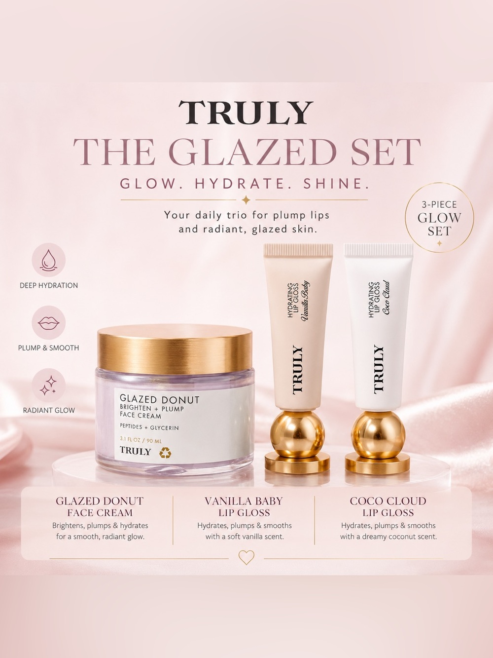 ✨ Truly Beauty Glazed Trio Set • Hydrating Lip Glosses + Glazed Donut Face Cream